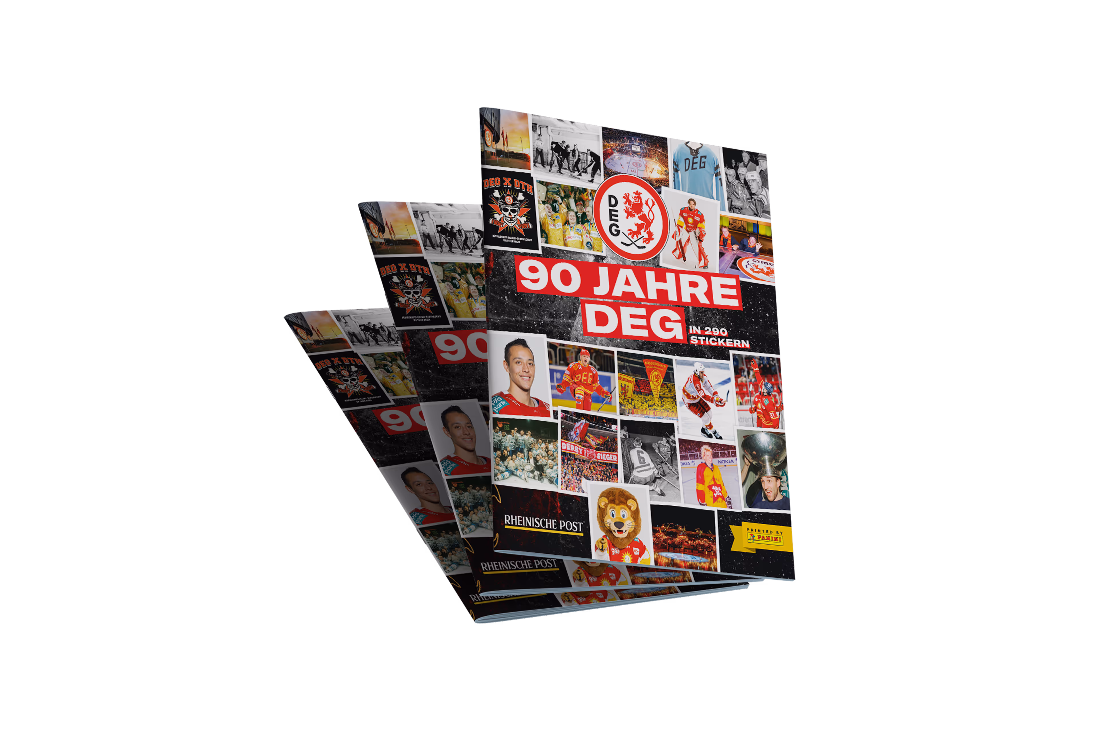 Mockup des Stickeralbums ‚90 Jahre DEG – in 290 Stickern‘ mit mehreren leicht versetzten Heften, gestaltet in Rot, Schwarz und Weiß mit historischen Eishockey-Motiven der Düsseldorfer EG auf transparentem Hintergrund.